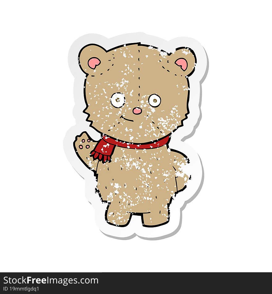 retro distressed sticker of a cartoon waving teddy bear