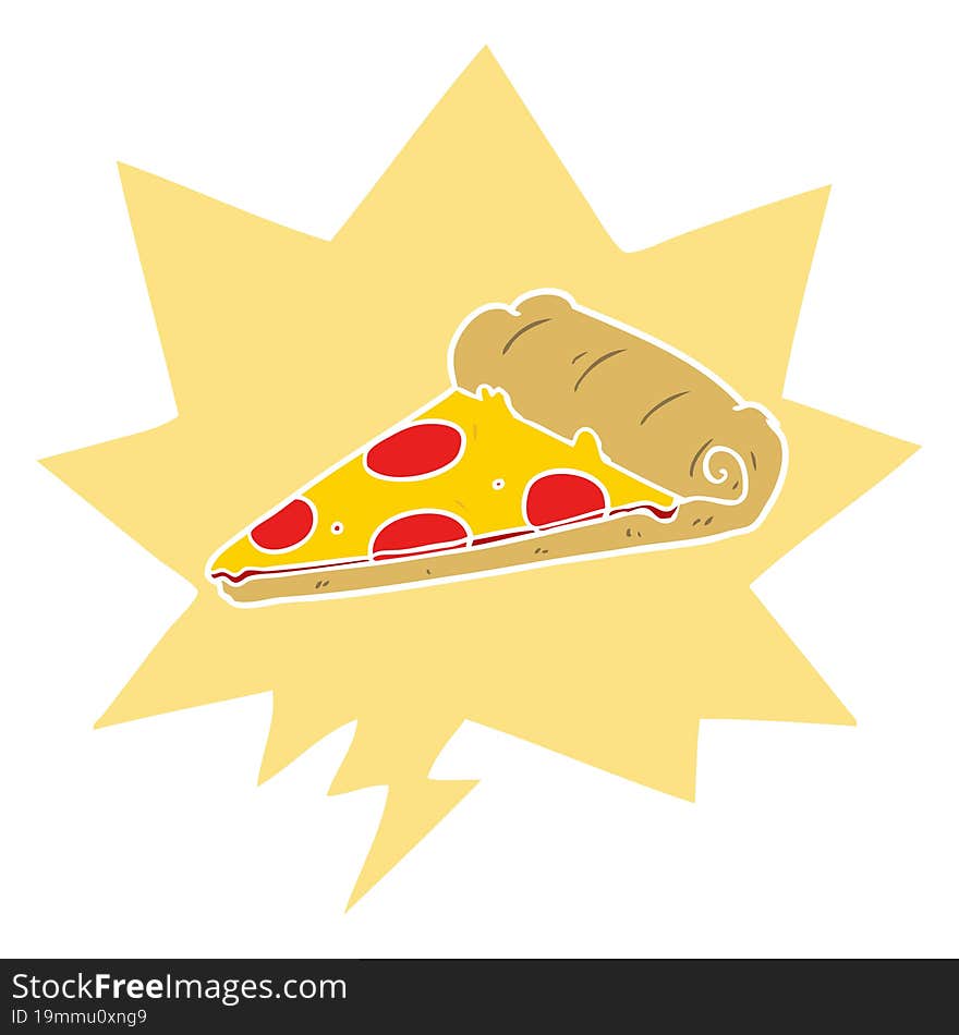 cartoon slice of pizza and speech bubble in retro style