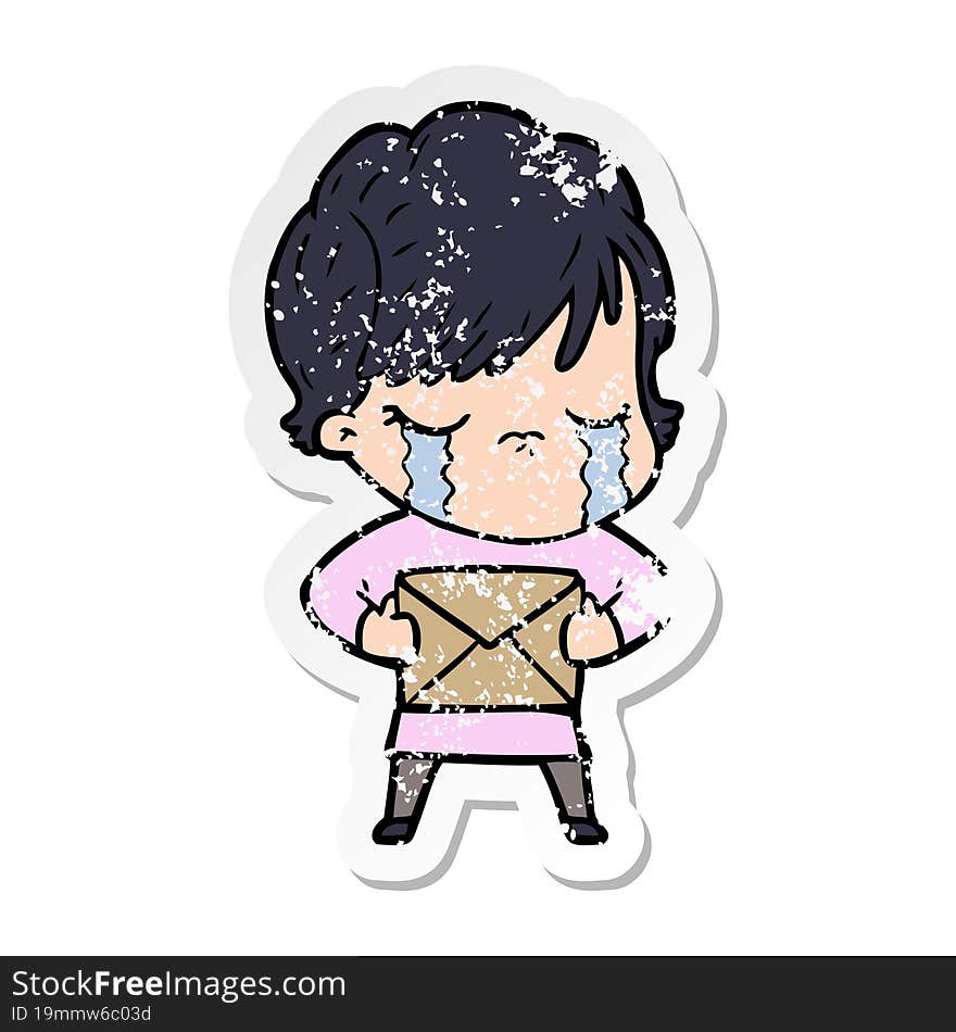 distressed sticker of a cartoon woman crying