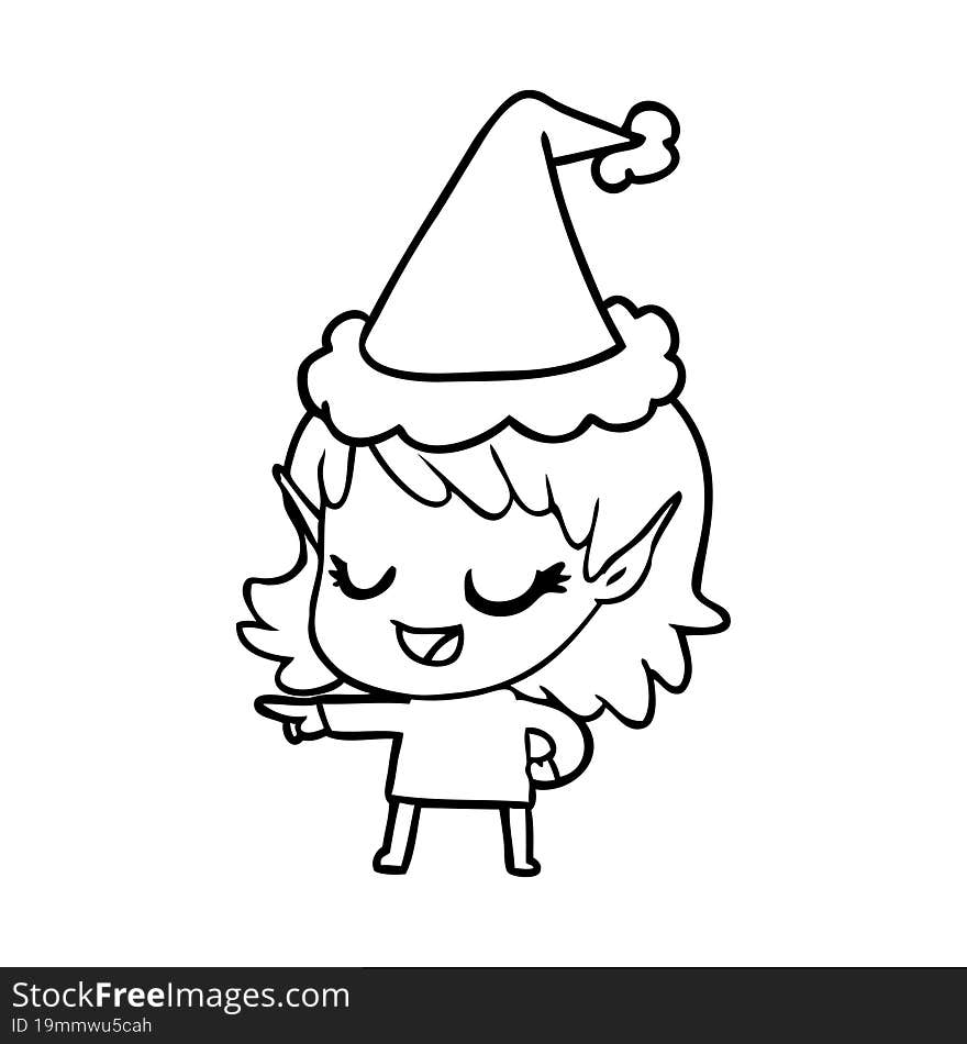 happy line drawing of a elf girl pointing wearing santa hat