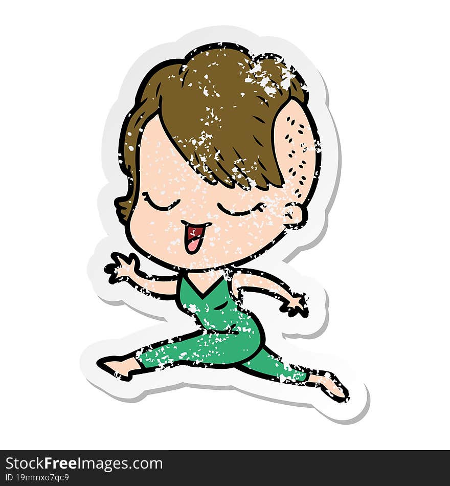 Distressed Sticker Of A Happy Cartoon Girl Running