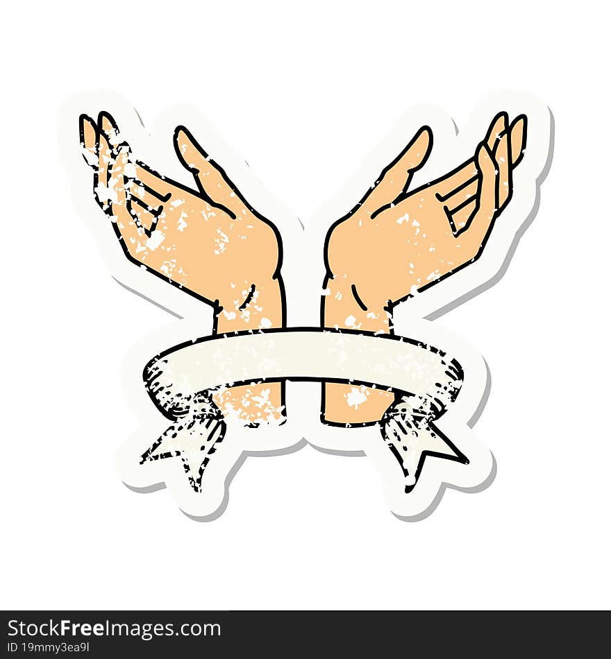 grunge sticker with banner of open hands