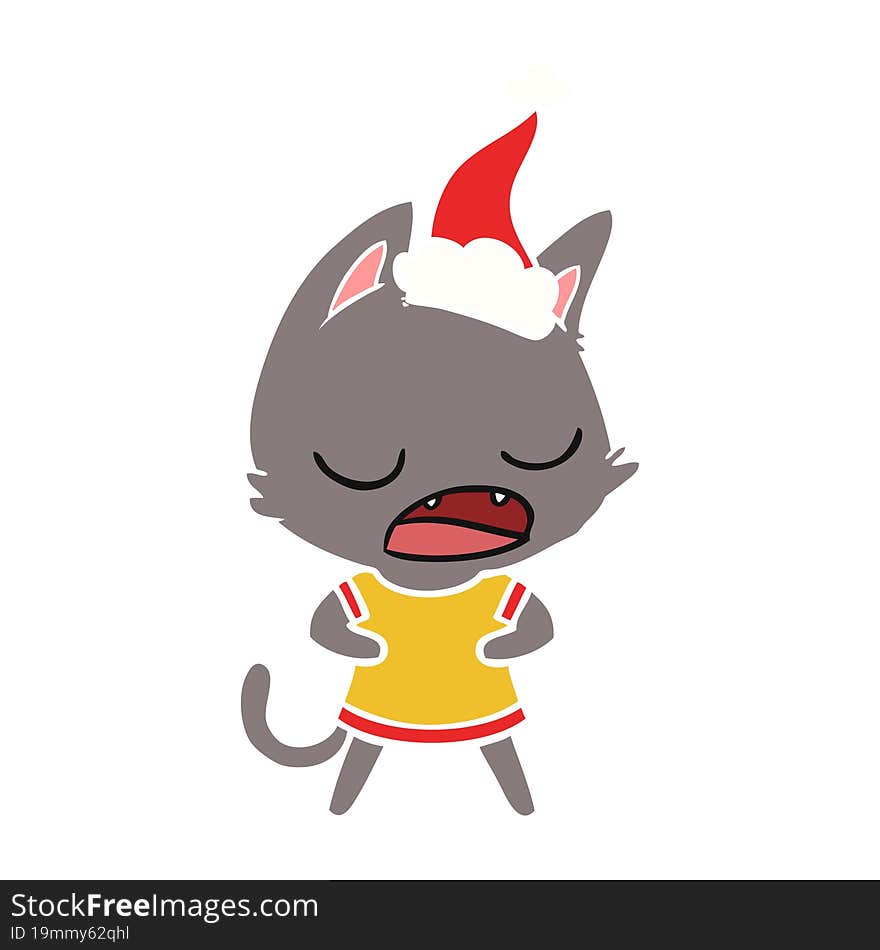 talking cat flat color illustration of a wearing santa hat