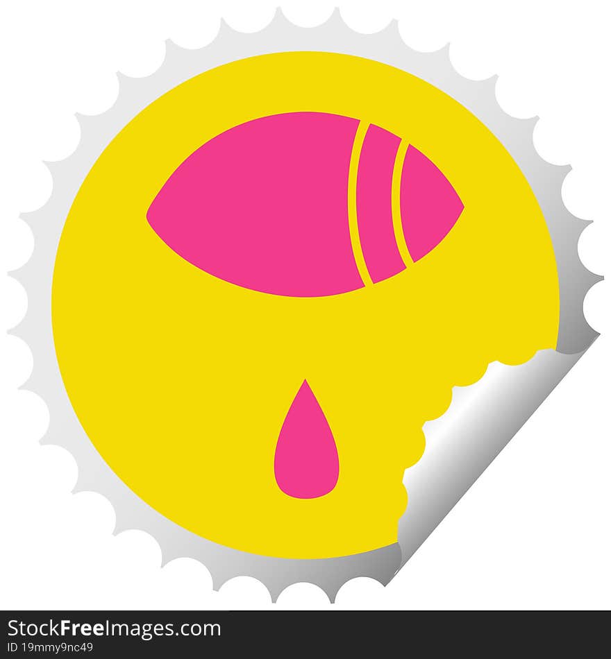 circular peeling sticker cartoon of a crying eye looking to one side