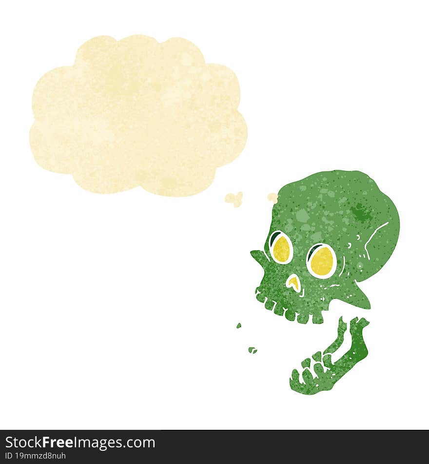 cartoon laughing skull with thought bubble