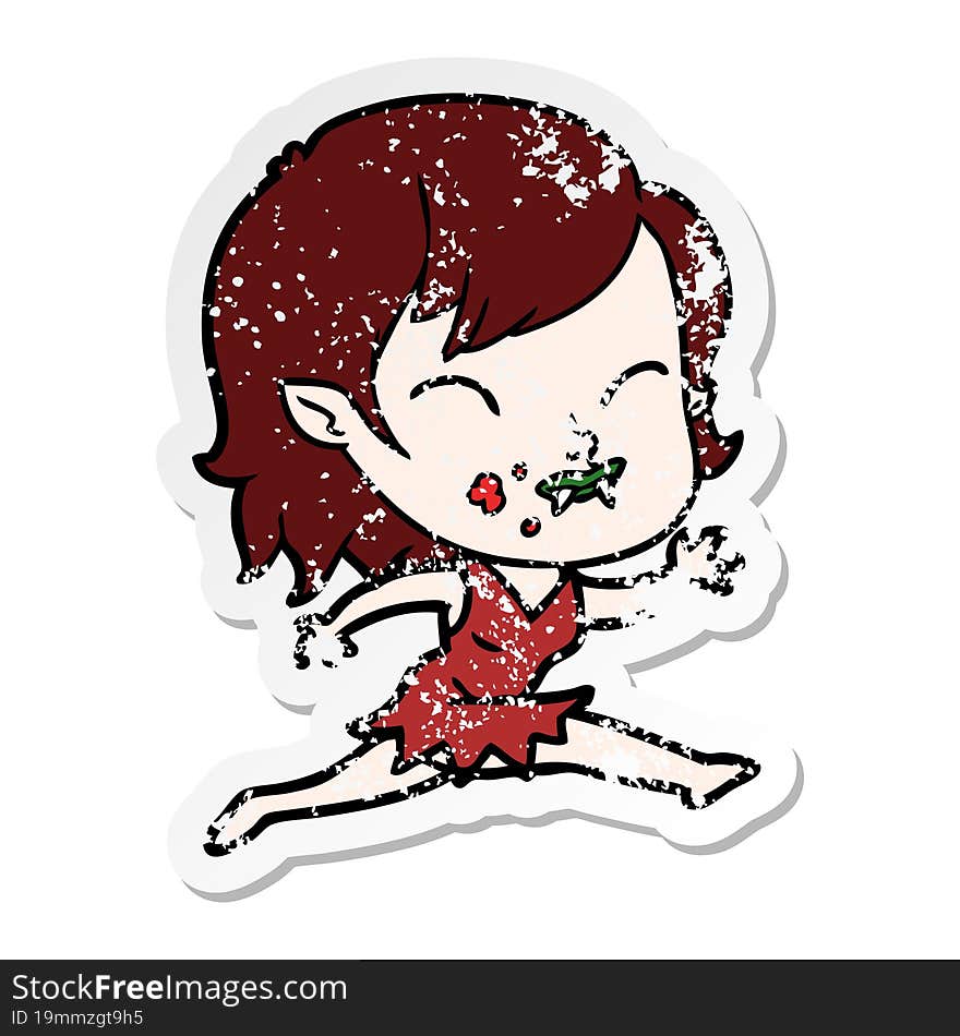 Distressed Sticker Of A Cartoon Vampire Girl With Blood On Cheek