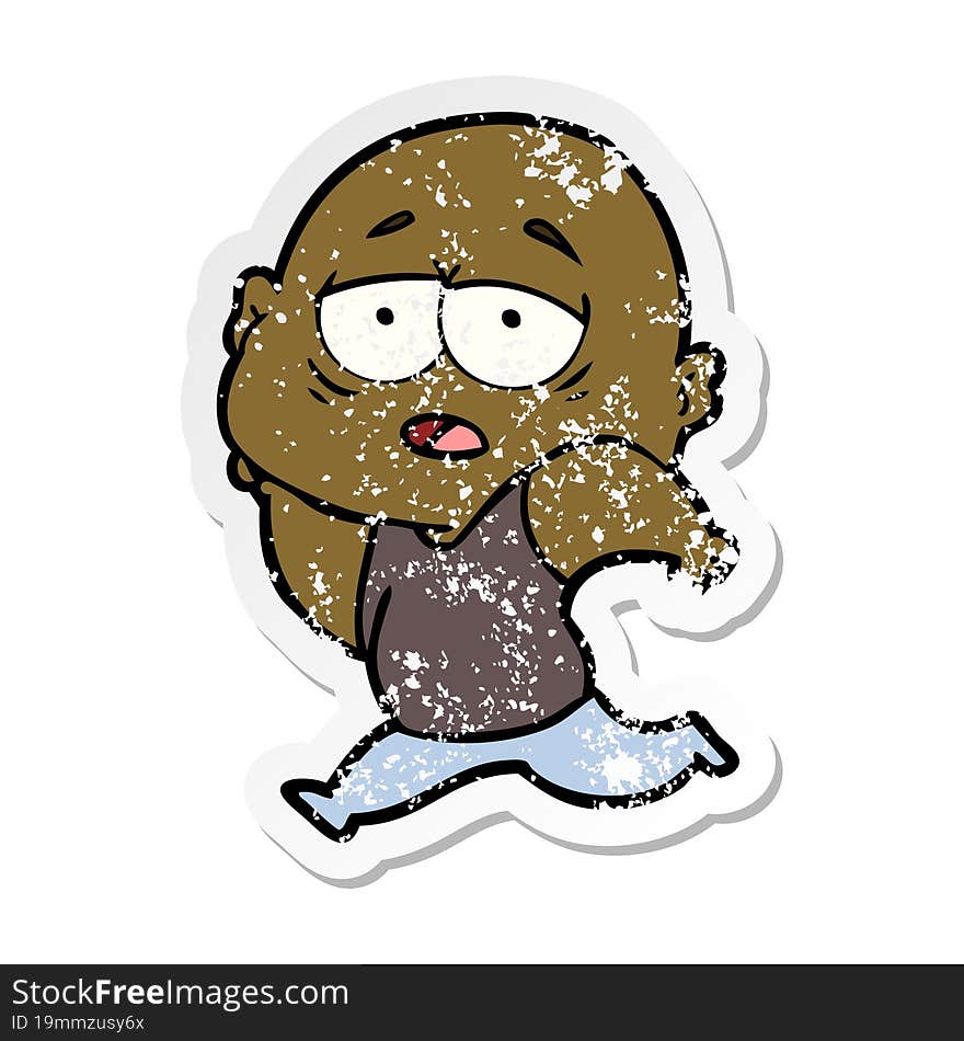 distressed sticker of a cartoon tired bald man