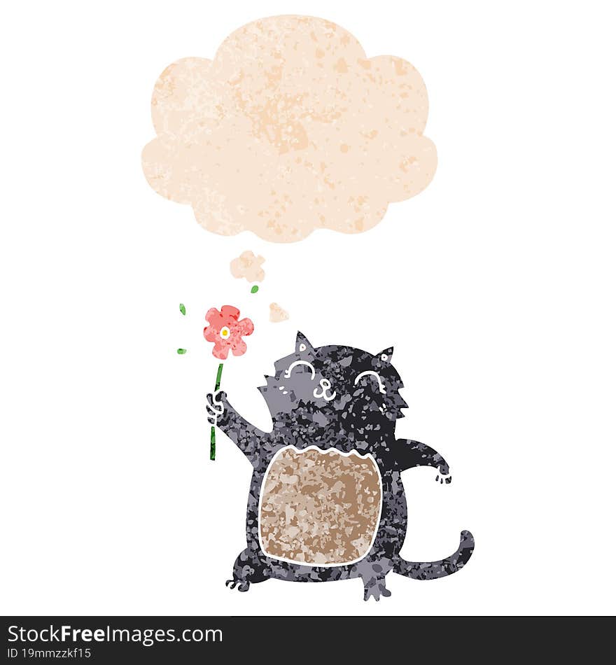 cartoon cat with flower and thought bubble in retro textured style