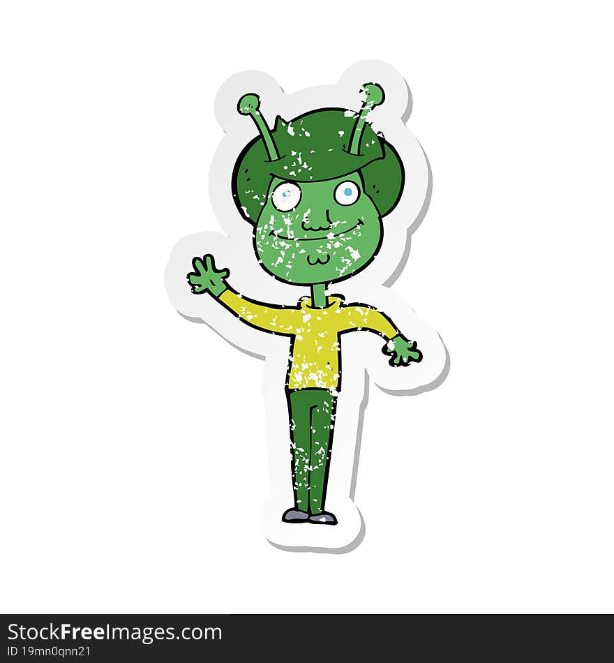 retro distressed sticker of a cartoon space alien