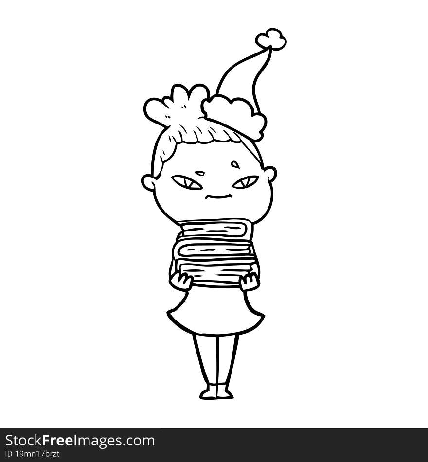 hand drawn line drawing of a woman wearing santa hat