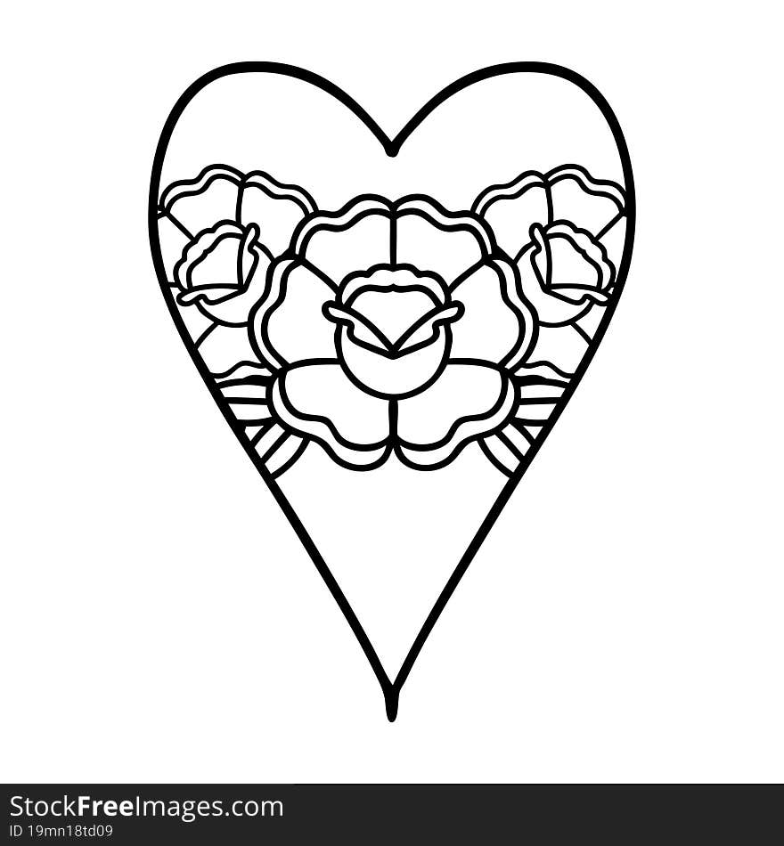 black line tattoo of a heart and flowers