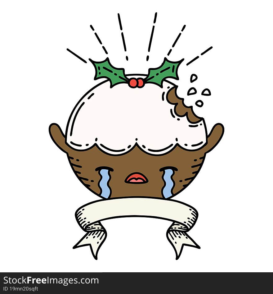 banner with tattoo style christmas pudding character crying