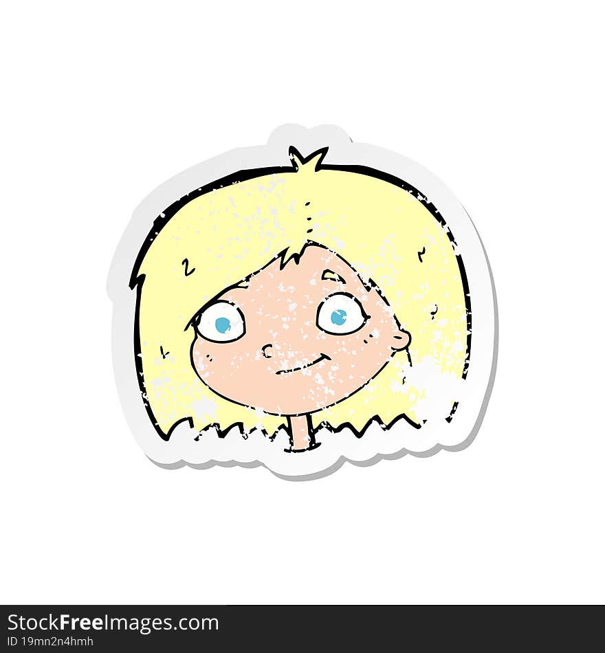 retro distressed sticker of a cartoon happy female face