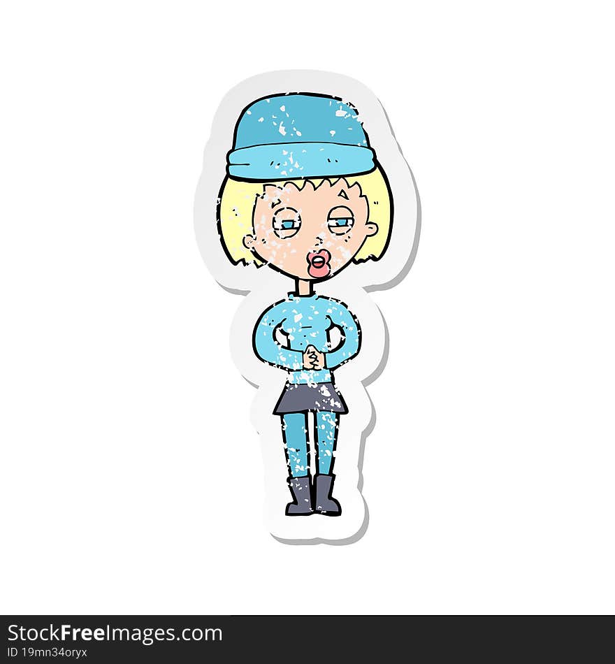 Retro Distressed Sticker Of A Cartoon Woman Wearing Winter Hat