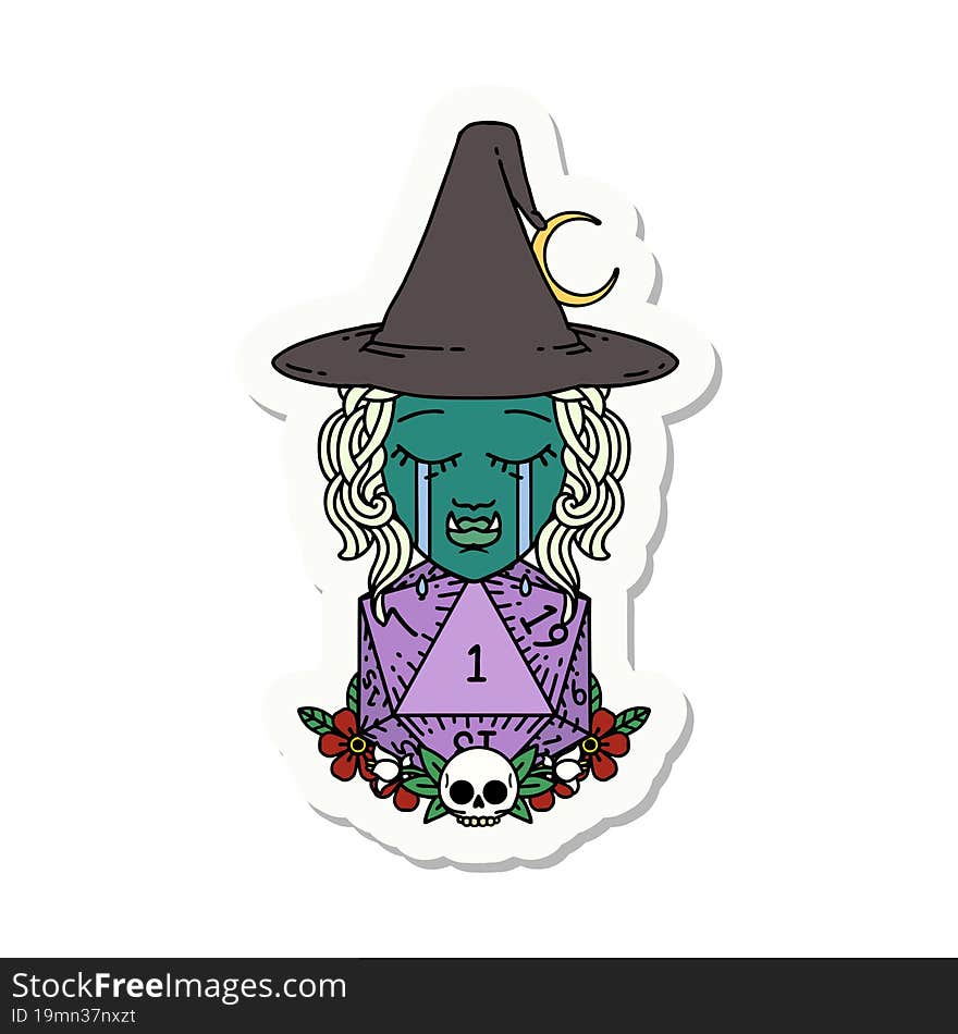 sad half orc witch character with natural one D20 roll sticker