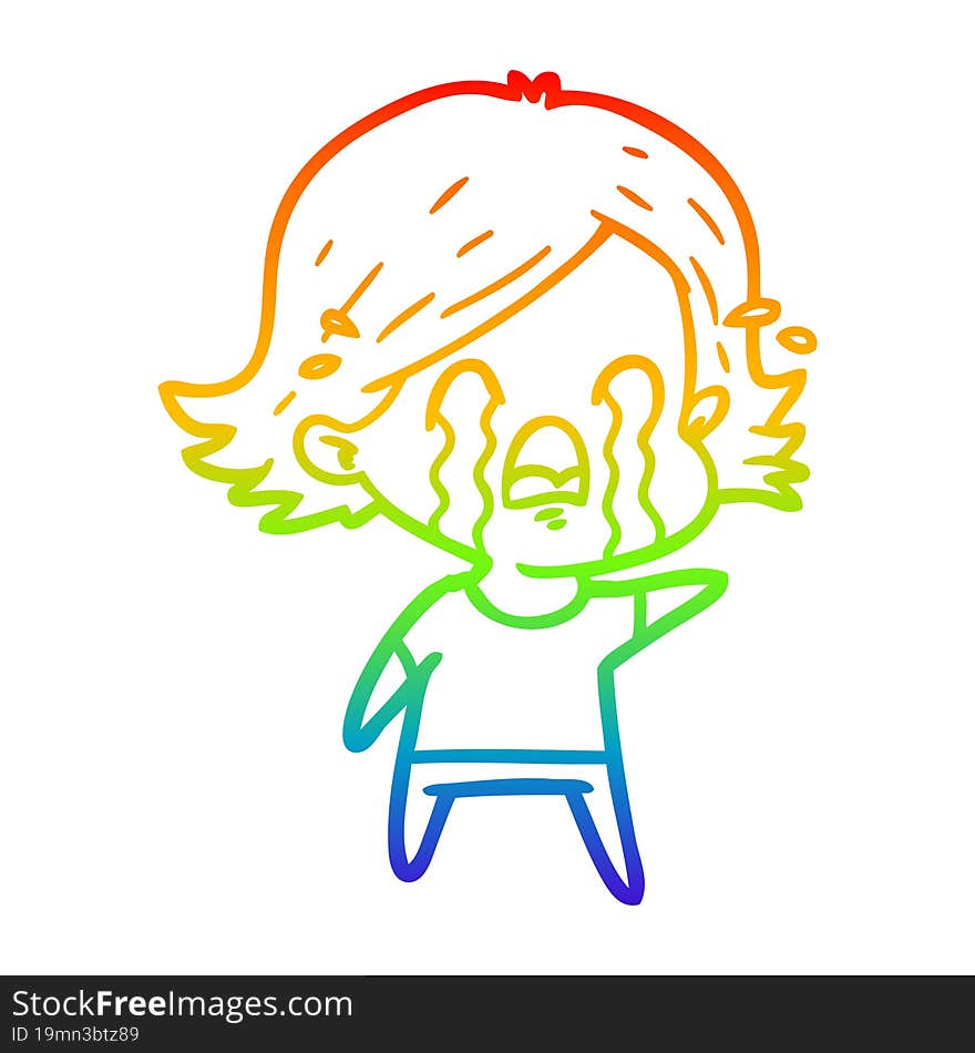 rainbow gradient line drawing of a cartoon woman crying