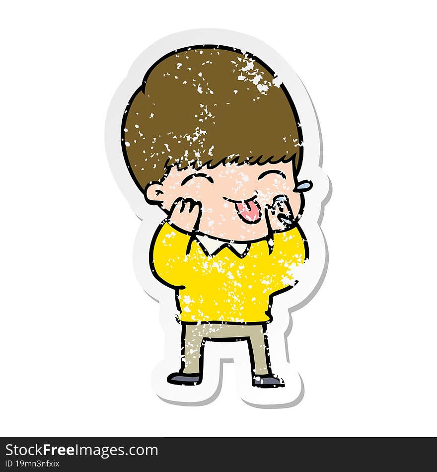 distressed sticker of a cartoon boy blowing raspberry