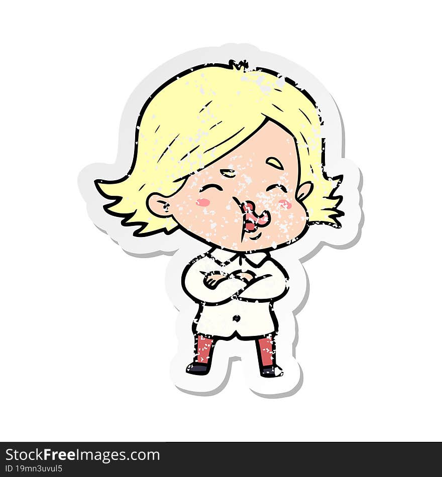 distressed sticker of a cartoon girl pulling face