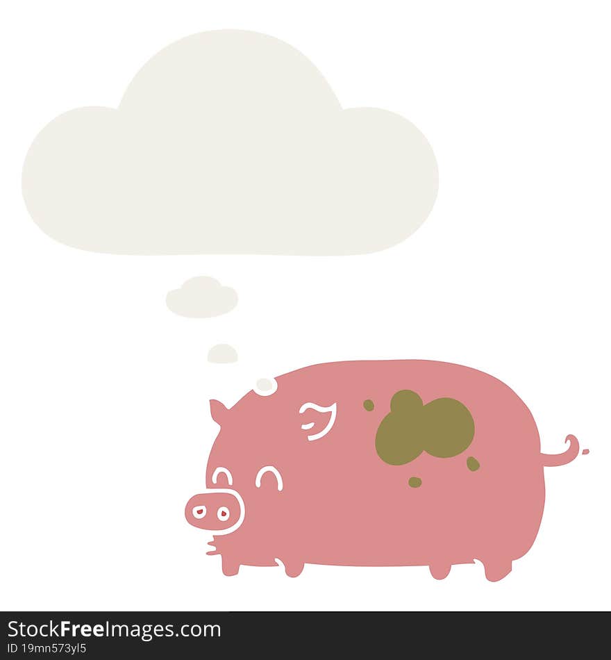 cute cartoon pig and thought bubble in retro style