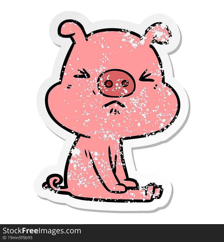 distressed sticker of a cartoon angry pig sat waiting