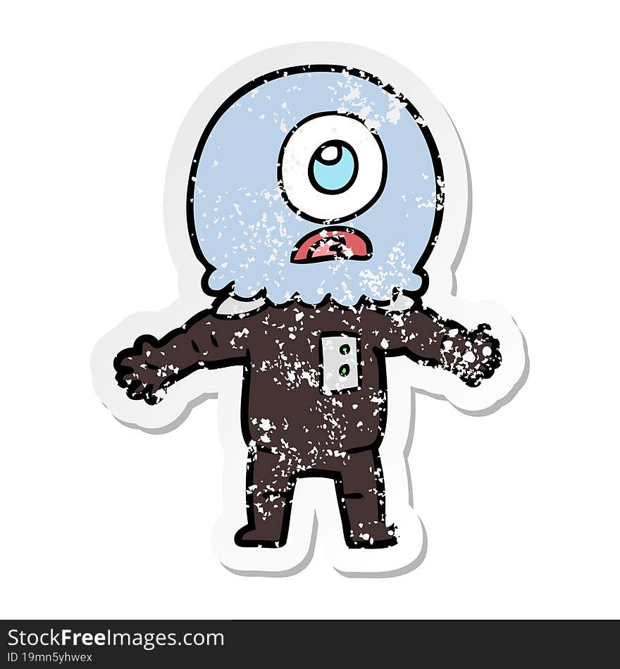 Distressed Sticker Of A Cartoon Cyclops Alien Spaceman