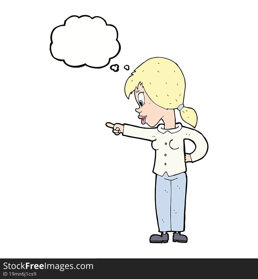 Cartoon Enthusiastic Woman Pointing With Thought Bubble