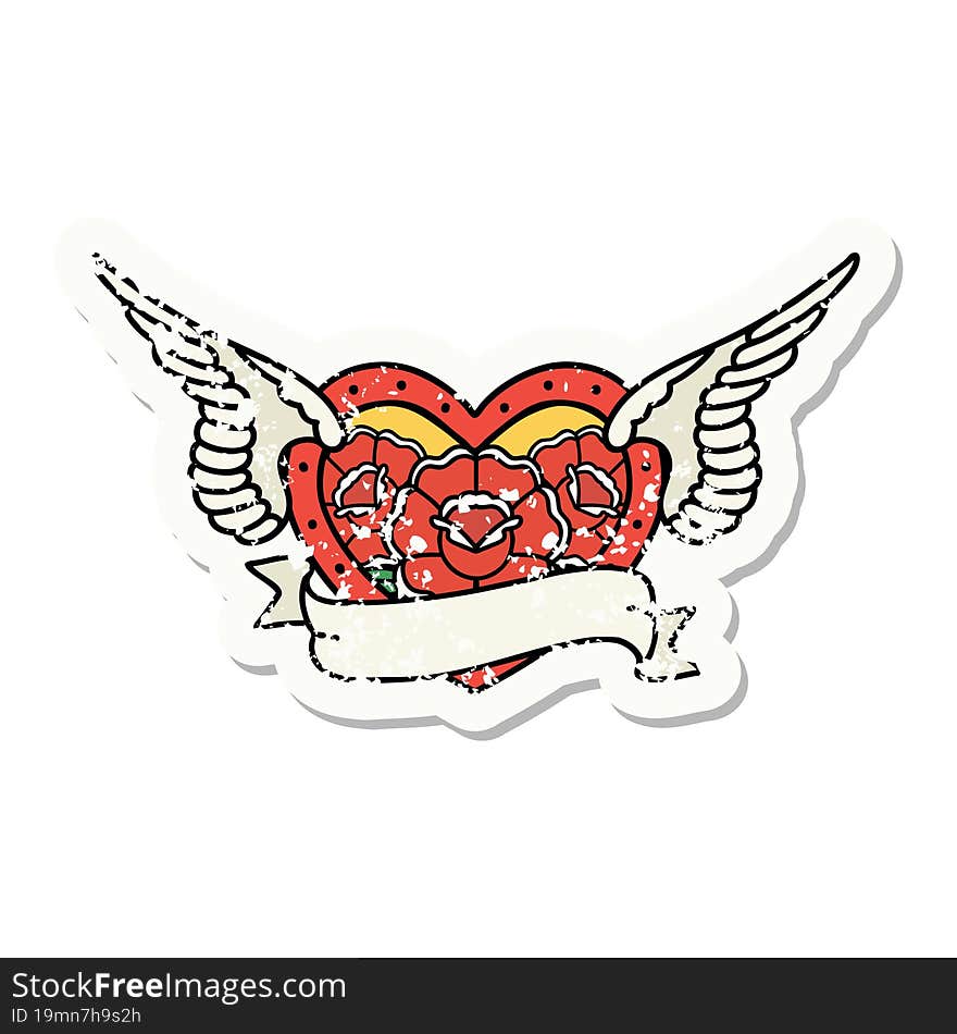 distressed sticker tattoo in traditional style of a flying heart with flowers and banner. distressed sticker tattoo in traditional style of a flying heart with flowers and banner