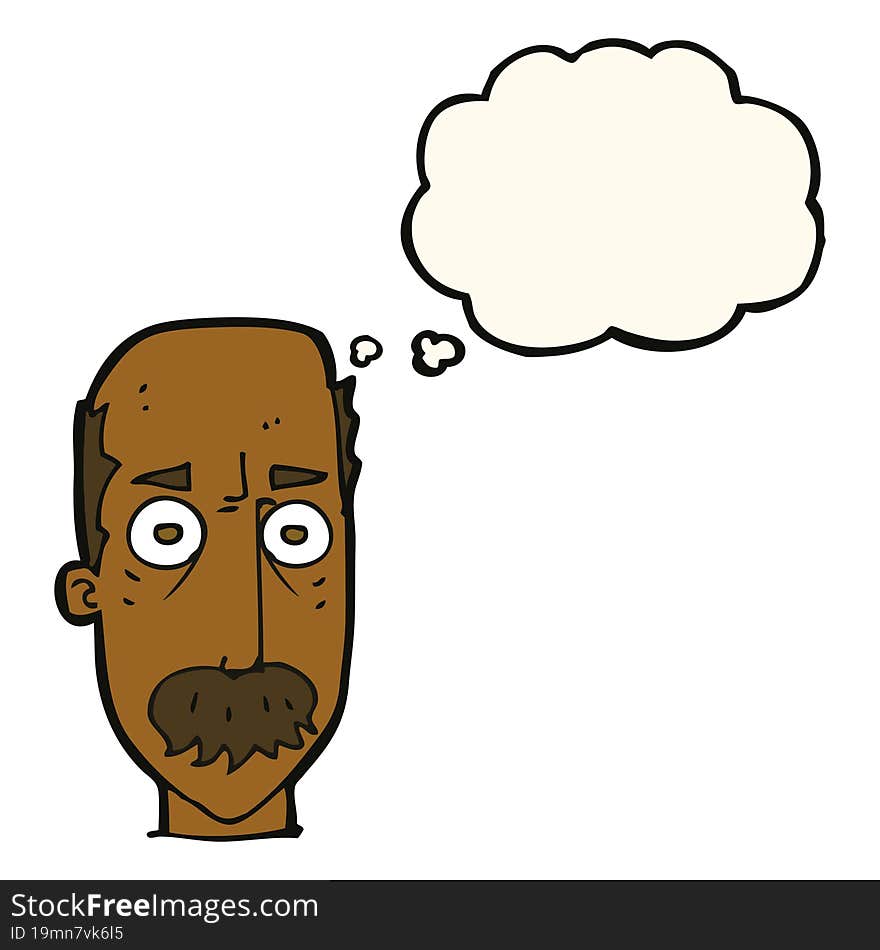 cartoon man with mustache with thought bubble