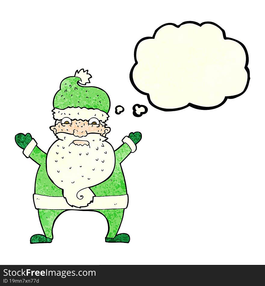 cartoon stressed out santa with thought bubble