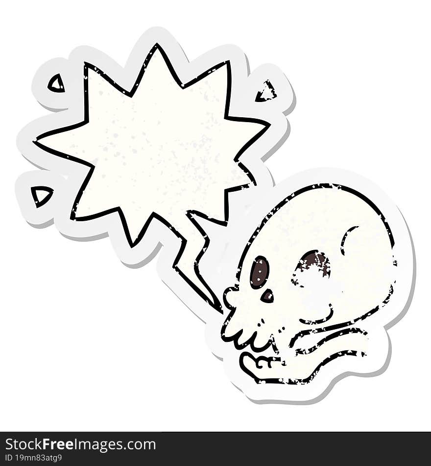 cartoon skull with speech bubble distressed distressed old sticker. cartoon skull with speech bubble distressed distressed old sticker