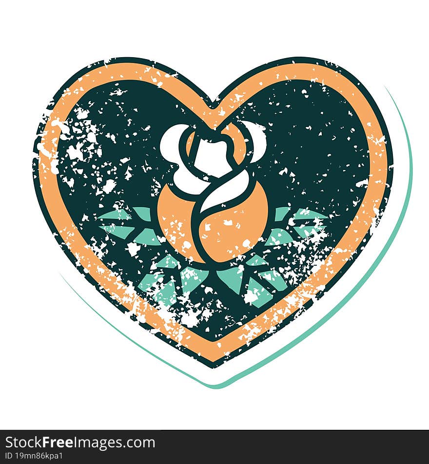 Distressed Sticker Tattoo Style Icon Of A Heart And Flowers