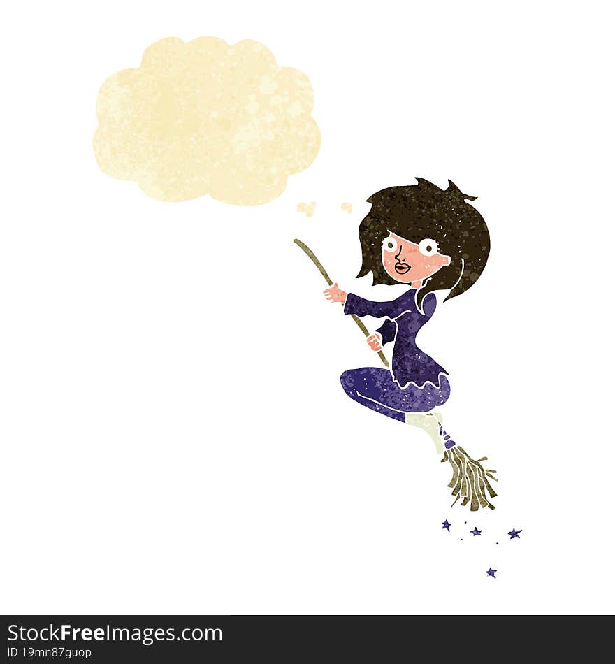 cartoon witch riding broomstick with thought bubble