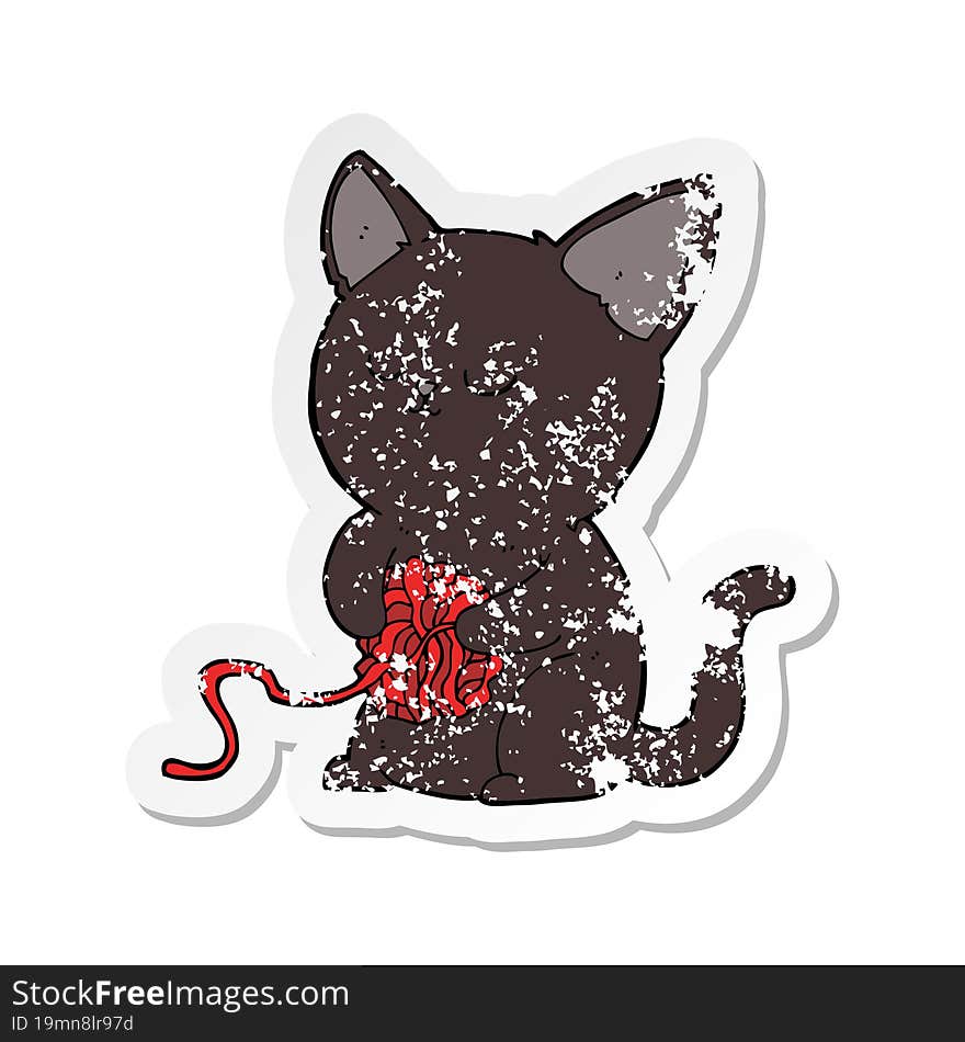 Retro Distressed Sticker Of A Cartoon Cute Black Cat Playing With Ball Of Yarn