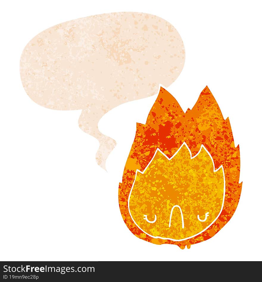 cartoon unhappy flame and speech bubble in retro textured style