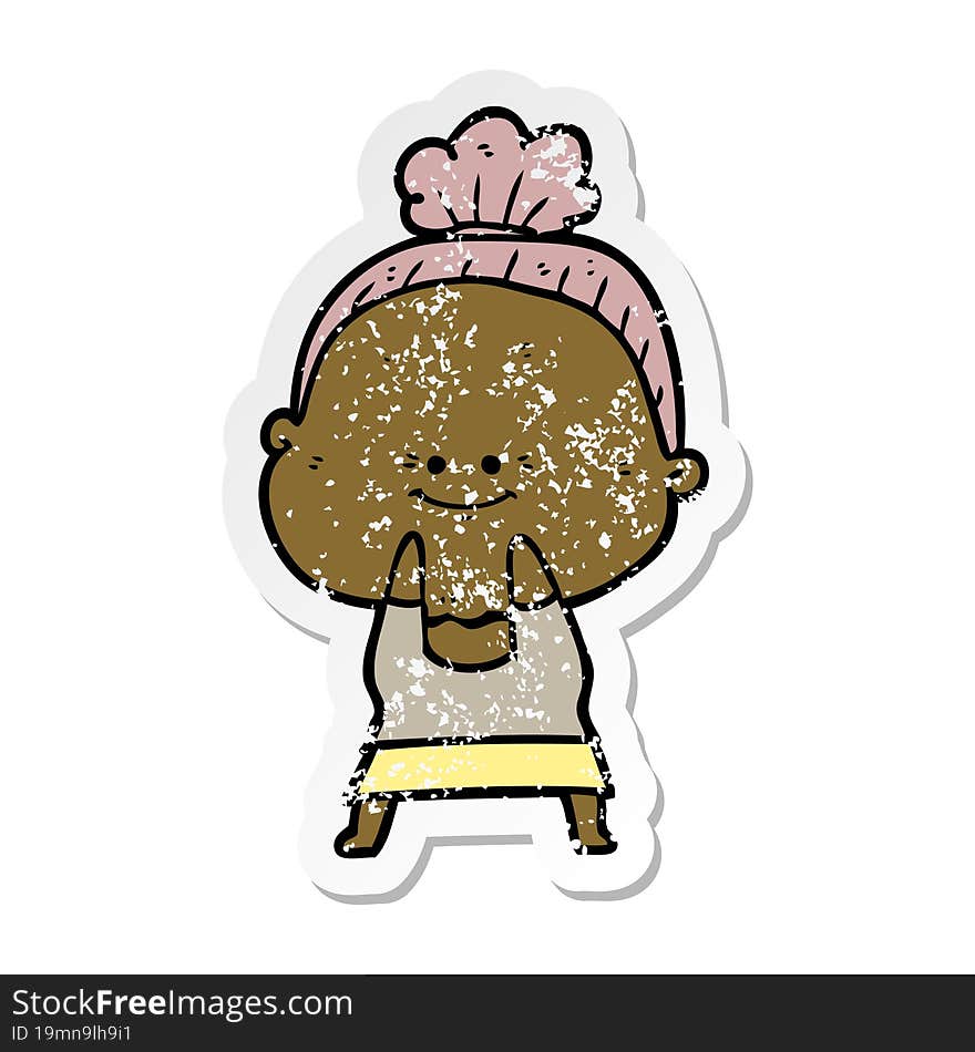 Distressed Sticker Of A Cartoon Happy Old Woman