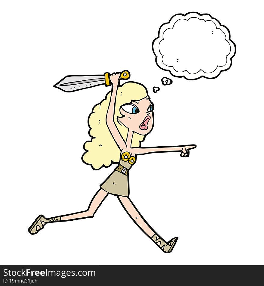 cartoon viking girl with sword with thought bubble