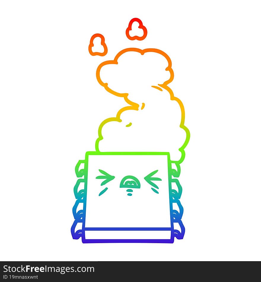 rainbow gradient line drawing of a cartoon overheating computer chip