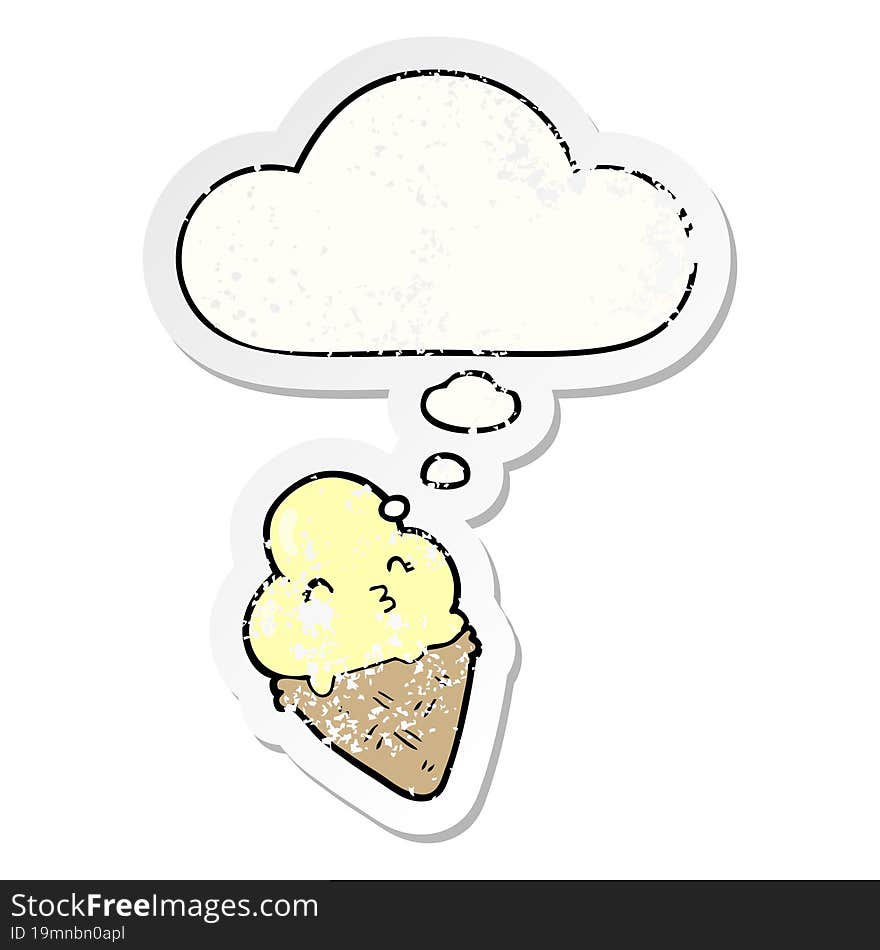 cartoon ice cream and thought bubble as a distressed worn sticker