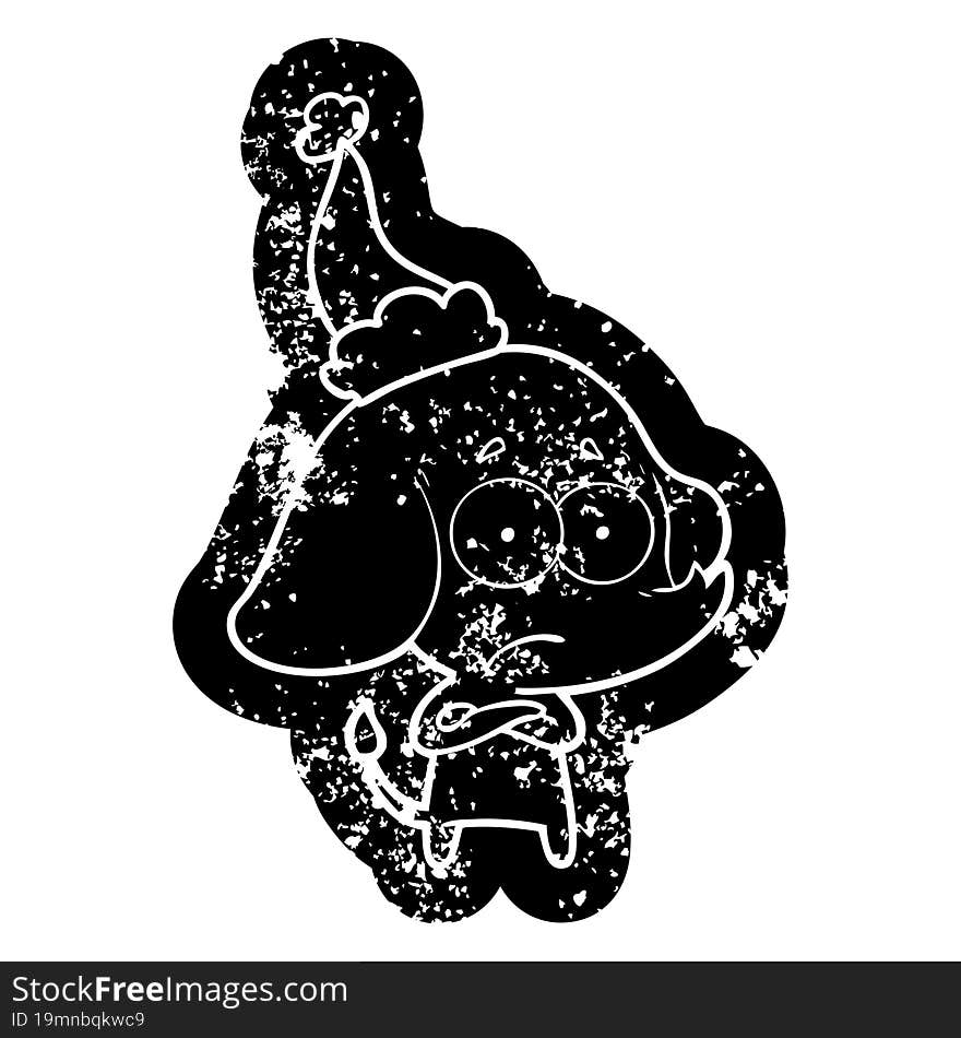 cartoon distressed icon of a unsure elephant wearing santa hat