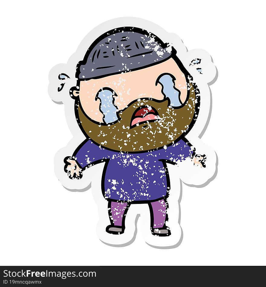 distressed sticker of a cartoon bearded man crying