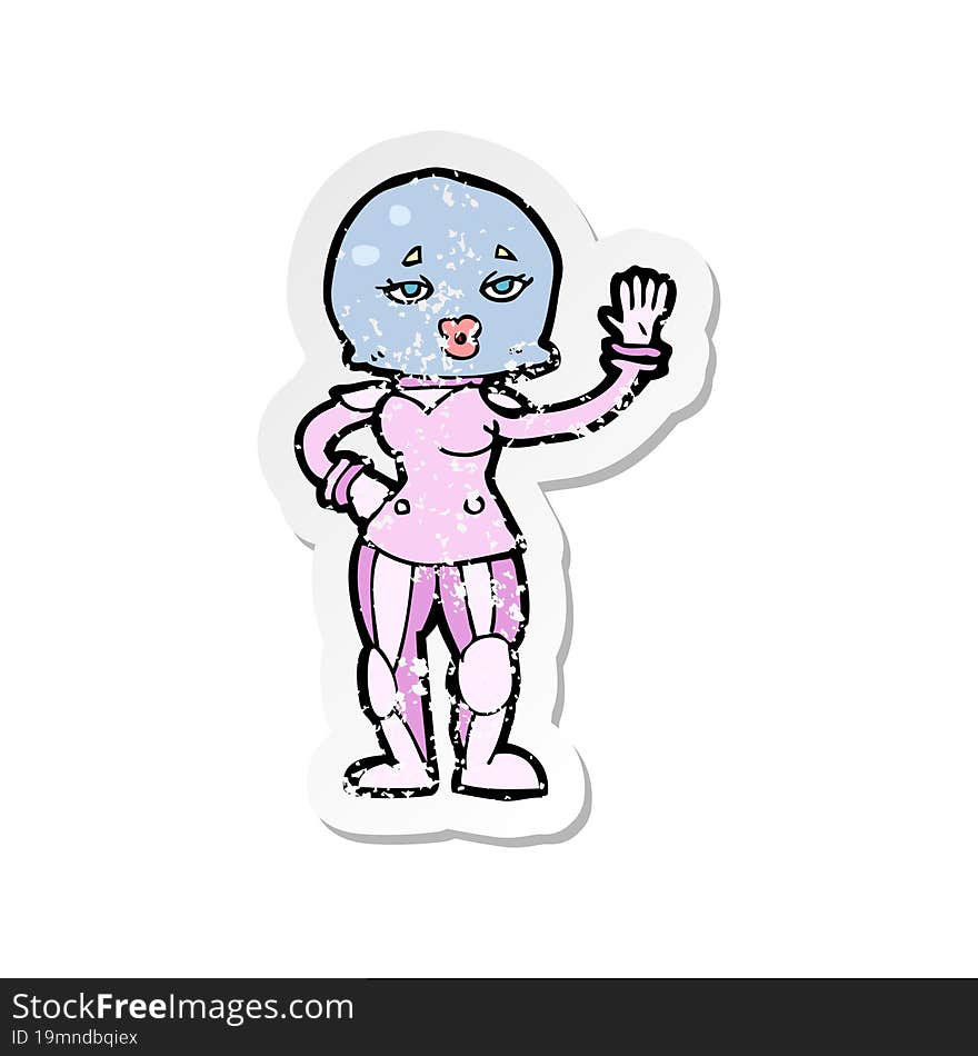 retro distressed sticker of a cartoon female astronaut