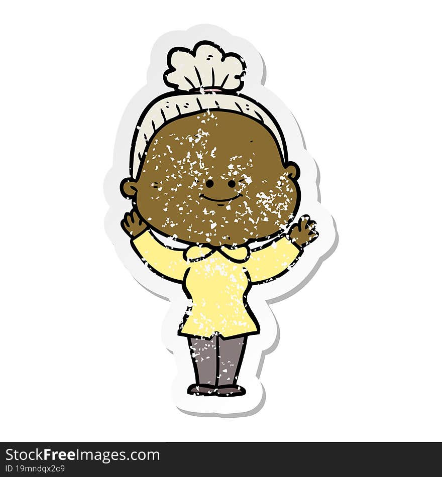 distressed sticker of a cartoon happy old woman