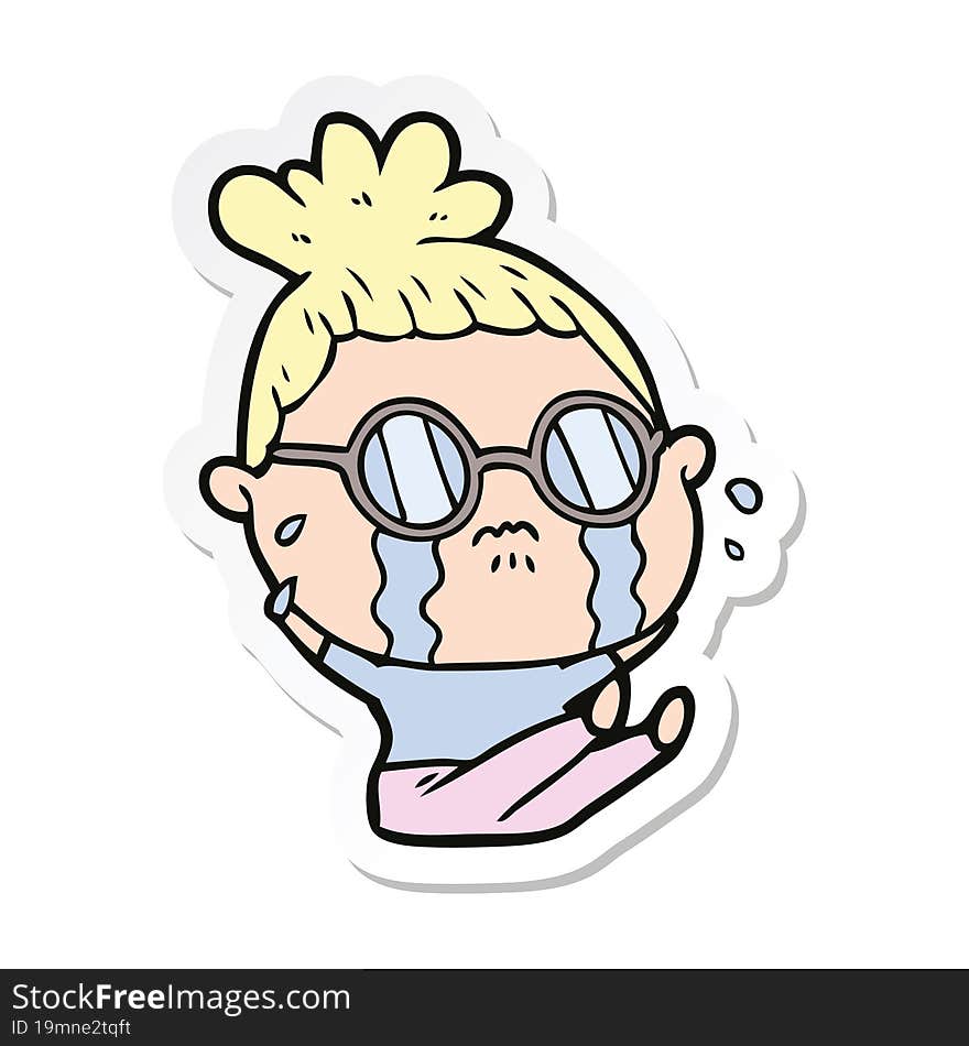 sticker of a cartoon crying woman wearing spectacles