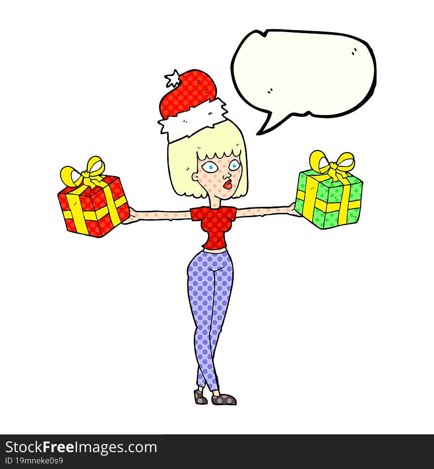 freehand drawn comic book speech bubble cartoon woman with xmas presents