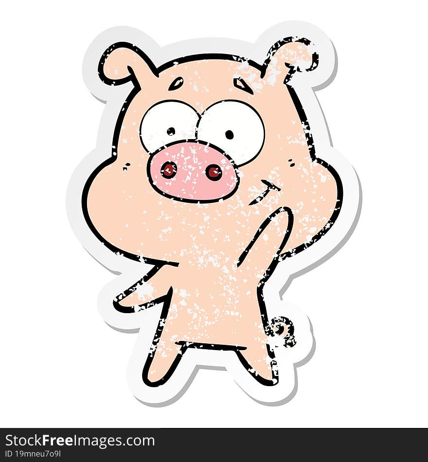 distressed sticker of a happy cartoon pig