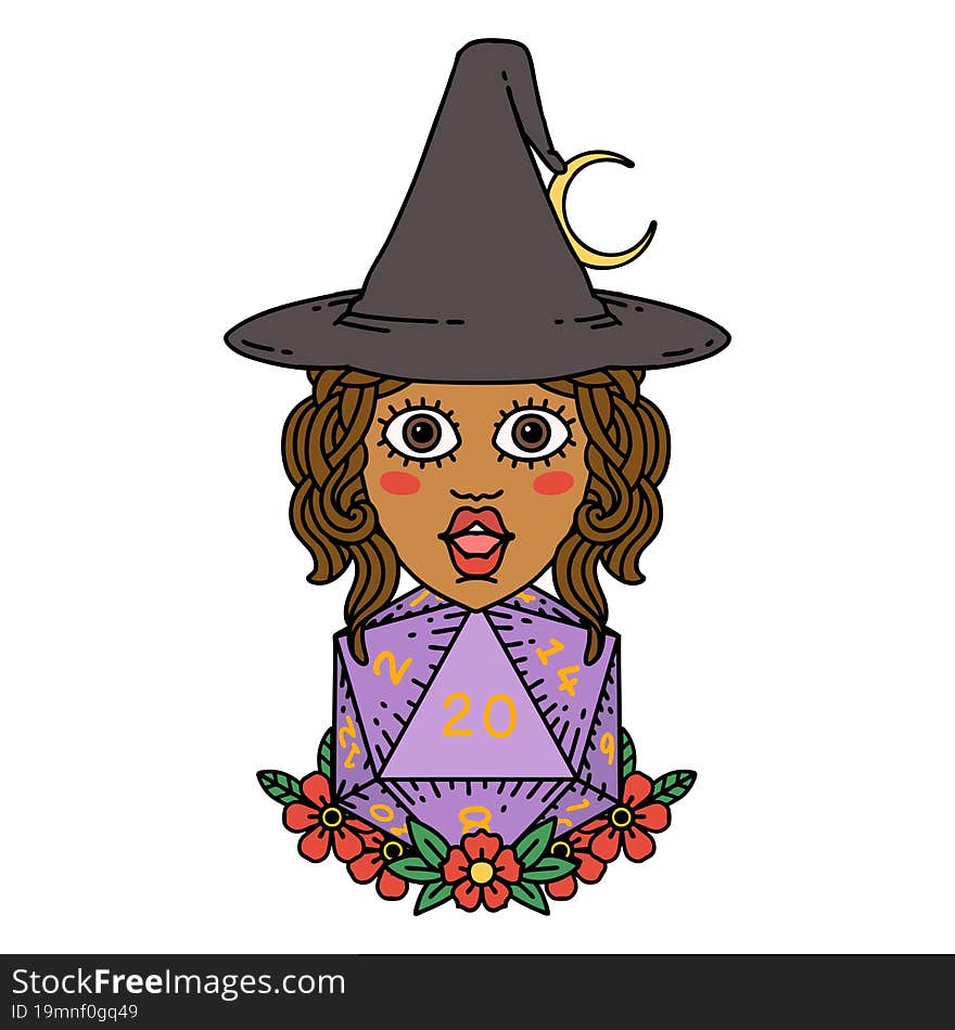 human witch with natural twenty dice roll illustration