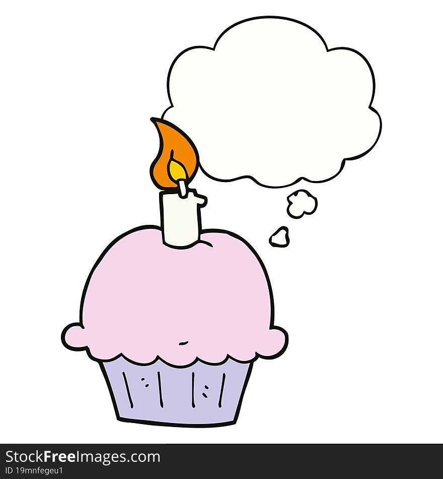 cartoon birthday cupcake with thought bubble. cartoon birthday cupcake with thought bubble