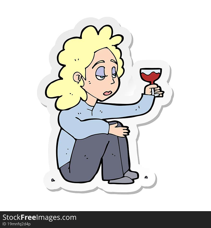 sticker of a cartoon unhappy woman with glass of wine