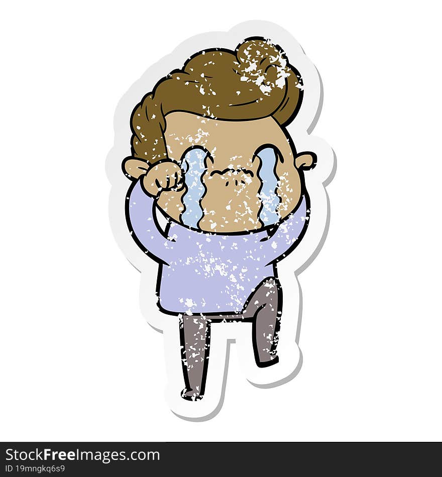 distressed sticker of a cartoon man crying