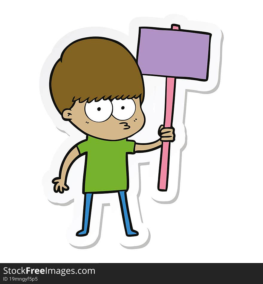 Sticker Of A Nervous Cartoon Boy Holding Placard